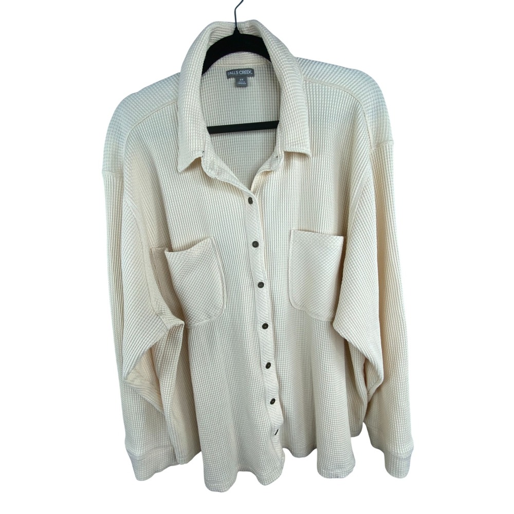 Falls Creek Women Shirt 2X Waffle Knit Button Down Cream Thermal Shacket Pockets